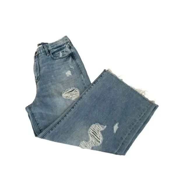 Habitual Poplor Blue  High-Waist Y2K Wide Leg Crop Jeans Distressed Raw Hem SZ 2 - Picture 3 of 11